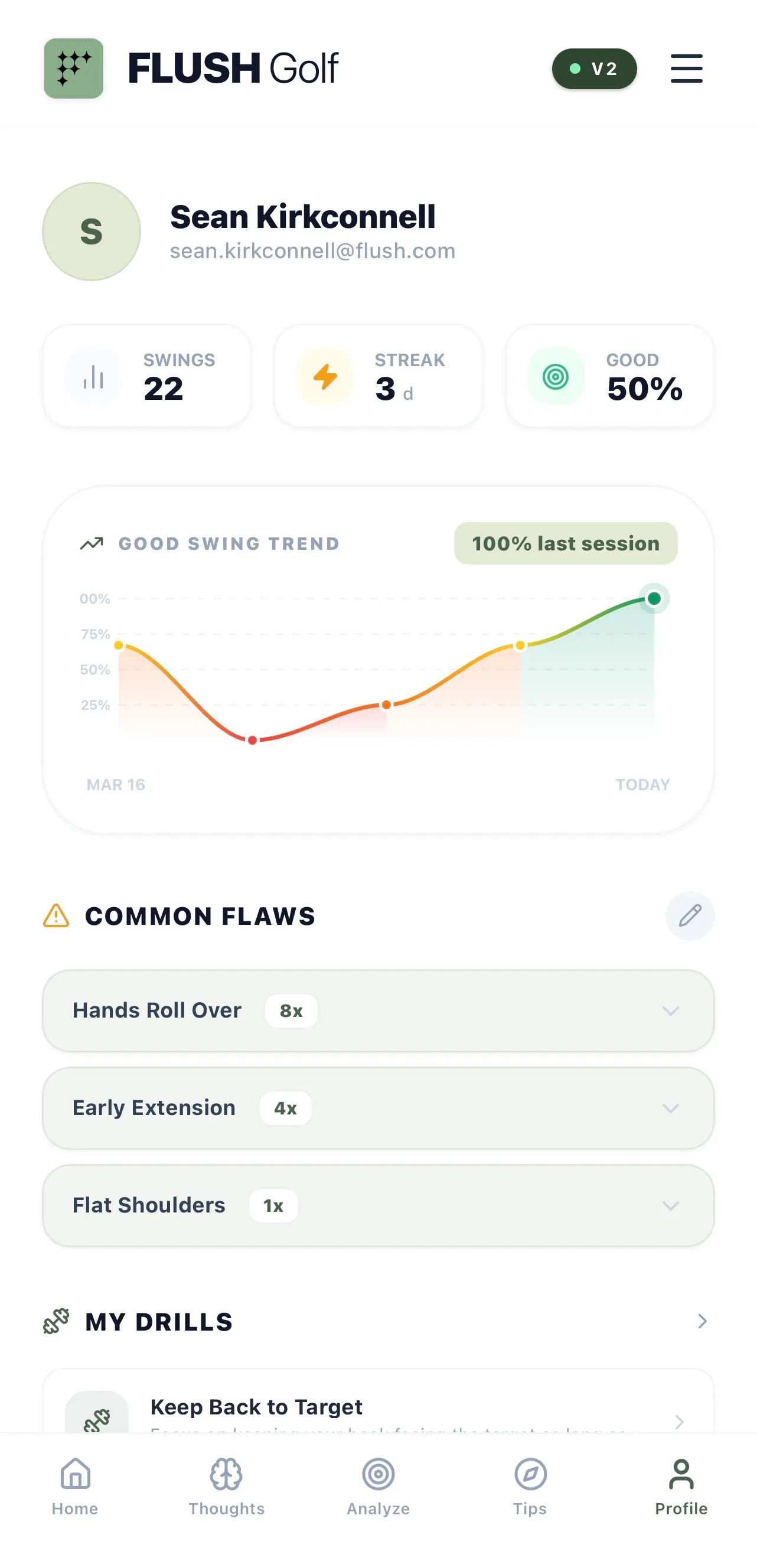 FLUSH Golf progress tracking and swing trends